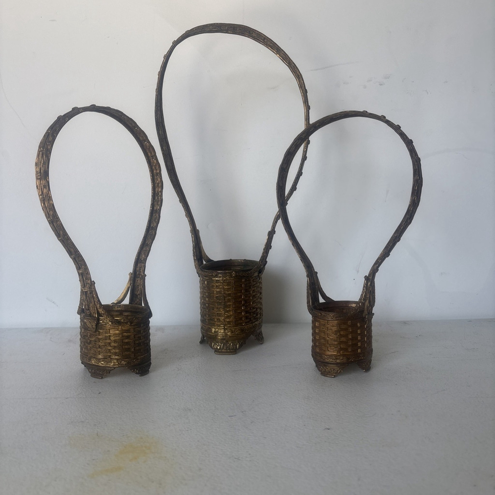 Set of 3 Antique French Bronze Basket Form Vases - Ornate Rococo Gilt Decorative